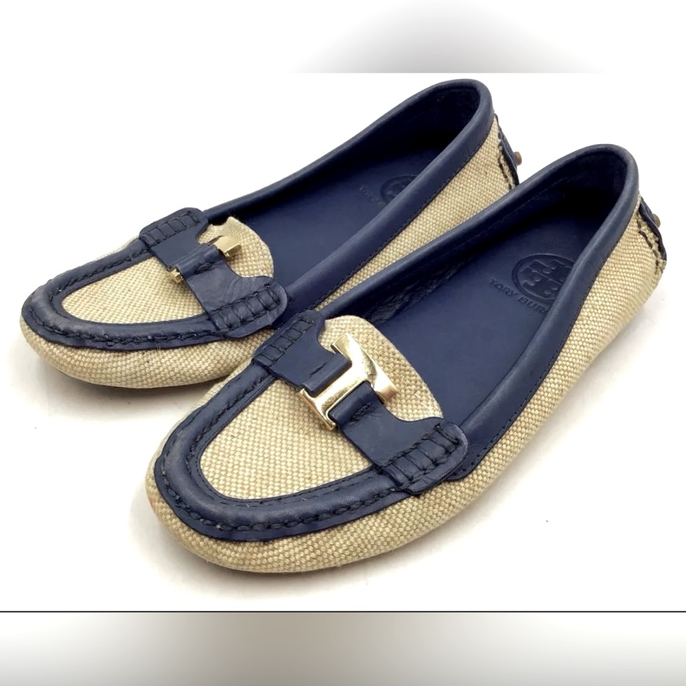 Like NEW! COA Tory Burch Casey Canvas & Leather Drivers Loafers Removable Soles5